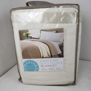 Martha Stewart Collection King Easy Care Soft Fleece Blanket Ivory Satin Trim